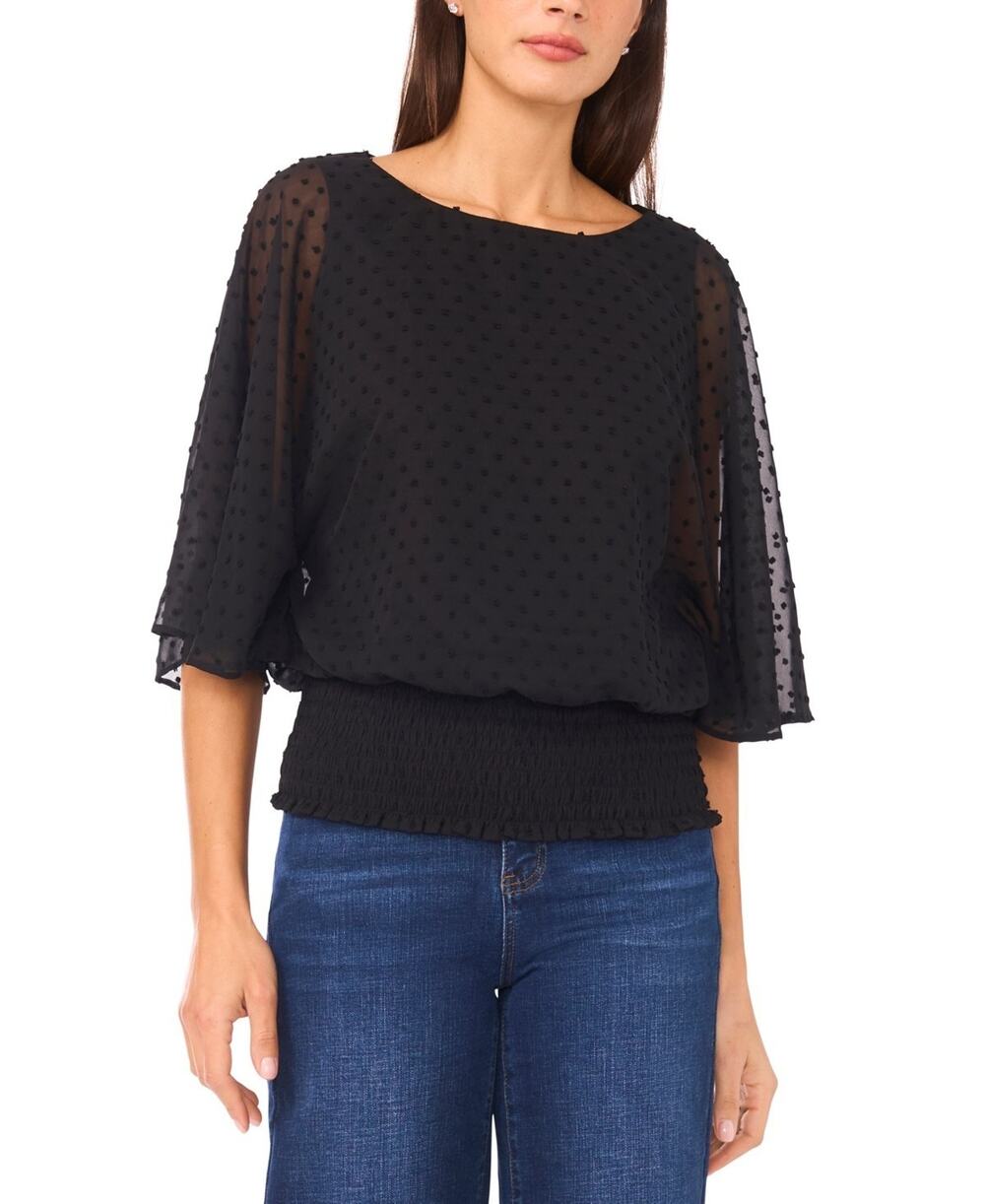 Sam & Jess Top Womens XL Rich Black Swiss Dot Smocked-Waist Flutter Sleeve NWT